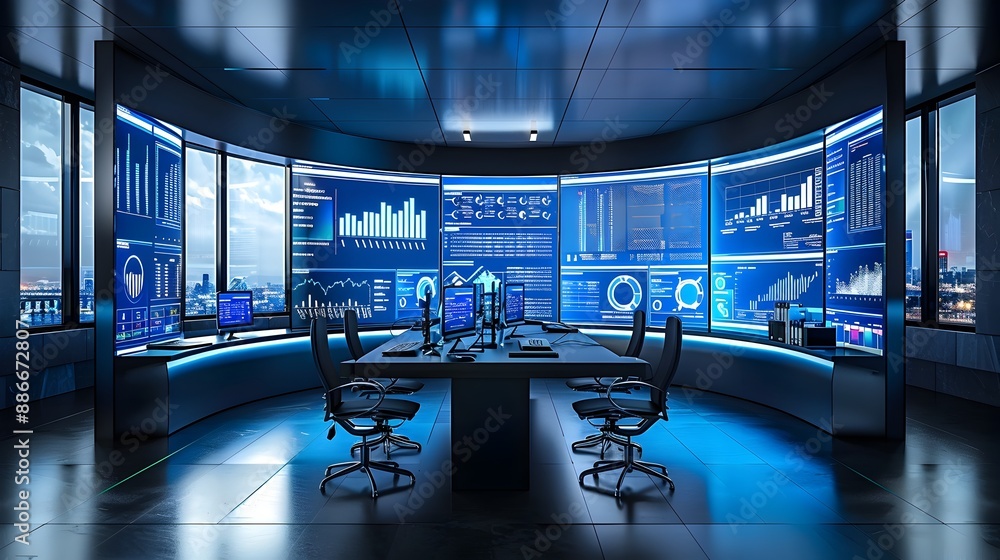 Poster high tech cloud analytics control room with real time data visualization and insights