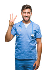 Young handsome doctor surgeon man over isolated background showing and pointing up with fingers number three while smiling confident and happy.