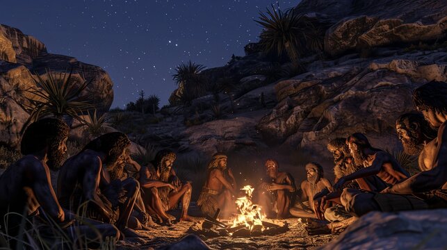 Early Human Ancestor Behavior: Paranthropus boisei Group Interaction Around Bonfire in Rocky Mountain Night