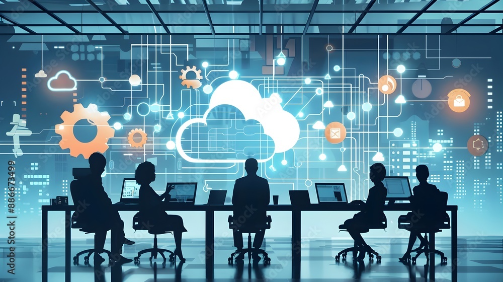 Poster innovative startup office with developers working on cloud based software solutions
