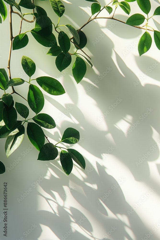 Poster green leaves overlap on white background. plant shadows create mystery on wall. indoor setting with 