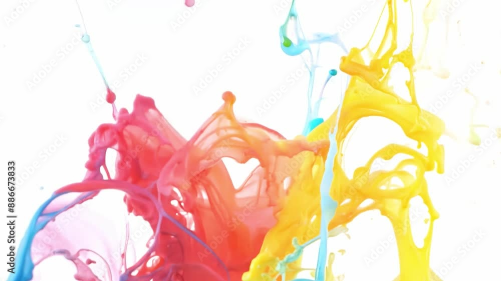 Poster red, blue, and yellow paint splash against a white background, creating a dynamic and vibrant image.