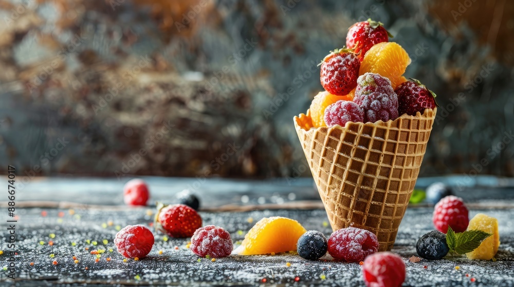 Poster candied fruit in waffle cone on rustic background with copy space