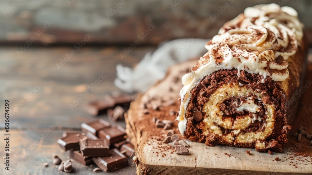 Poster chocolate and vanilla cream cake roll slice on rustic table with copy space