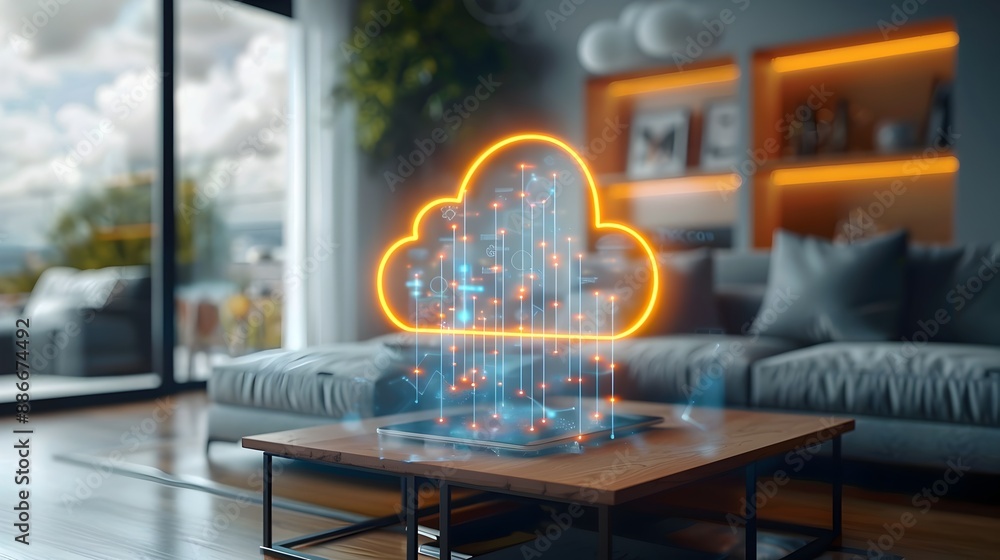 Poster futuristic smart home powered by cloud connected technology showcasing seamless automation and effic