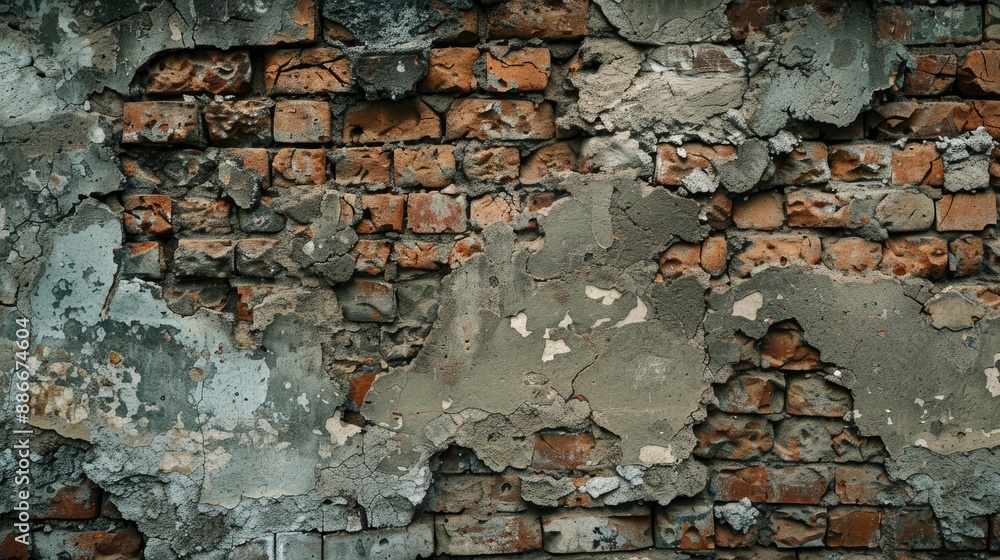 Poster close up image of deteriorating brick wall on deserted building for background