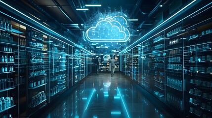 Futuristic Retail Store with Cloud Based Inventory and Sales Management Systems Showcasing Innovation