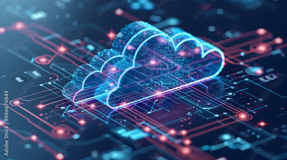 Poster intricate hybrid cloud architecture visualization showcasing integrated public and private cloud ser