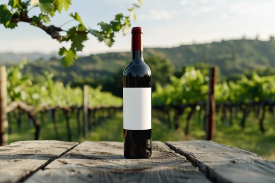 Red wine bottle mockup with vineyards in the background