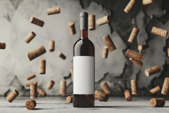 Red wine bottle mockup with floating wine corks in the background