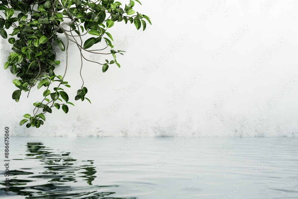 Poster indoor setting with white wall background. green plant on left side reaches out to viewer. pool of w