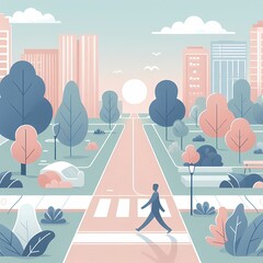 vector graphic someone taking leisurely stroll city park soft colors smooth pathways