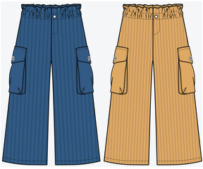 UTILITY CARGO POCKET DETAIL WIDE LEG TROUSER FASHION FLAT DESIGNED FOR TEEN GIRLS AND KID GIRLS IN VECTOR FILE