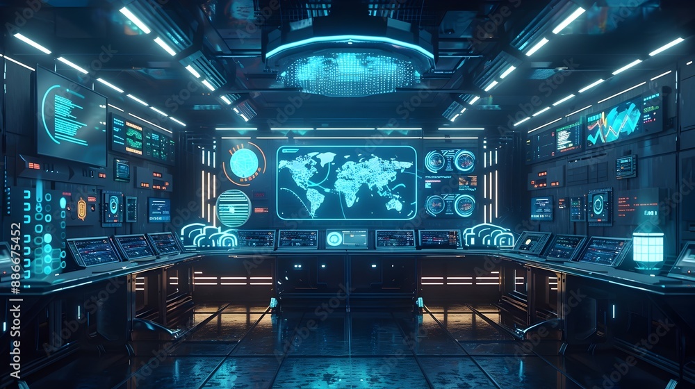 Poster futuristic high tech smart grid control center powered by cloud computing