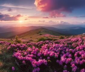 Obraz premium Pink Rhododendron Flowers Blooming on Mountain Ridge at Sunset
