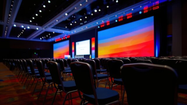 A large, empty conference hall with rows of chairs facing two colorful presentation screens, prepared for a corporate event.
