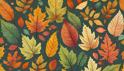 autumn leaves seamless pattern.A continuous autumn leaves pattern showcasing different types of leaves from trees, highlighting their fall colors in a harmonious design