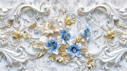 Luxurious 3D Wallpaper with Gold Filigree and Blue Cornflowers on Textured White Relief Background