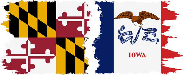 Iowa and Maryland states grunge brush flags connection, vector