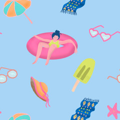 pattern Summer waves background with beach elements and woman on inflatable png and jpg