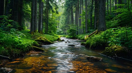 Enchanting Forest with Serene Crystal Clear Stream Capturing Untouched Nature and Sustainability