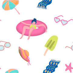 pattern Summer waves background with beach elements and woman on inflatable png and jpg