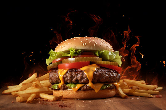 Classic cheeseburger with crispy fries and a touch of flames - Powered by Adobe