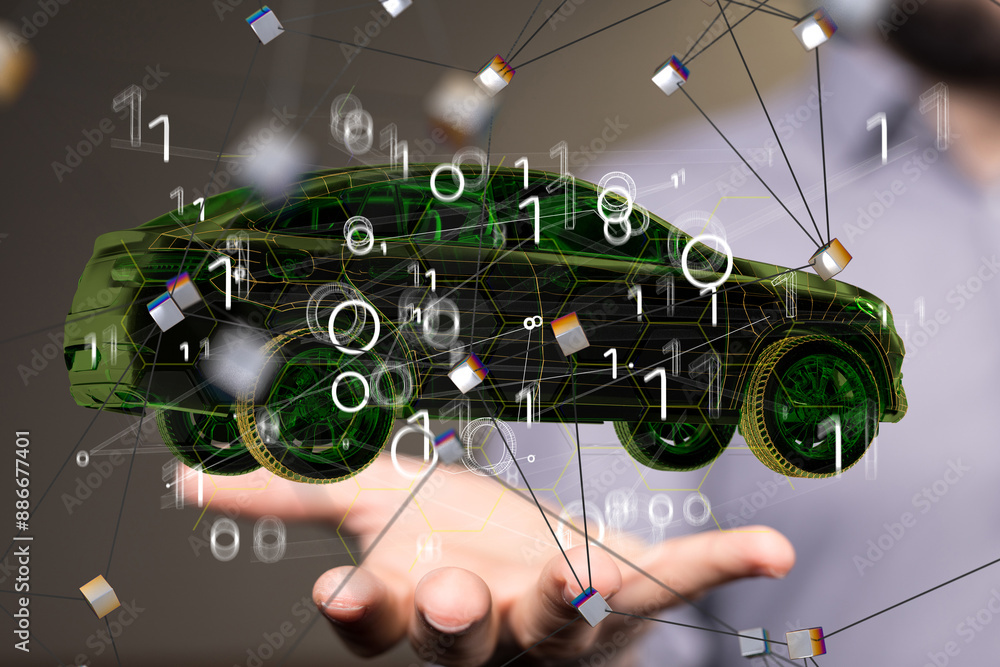 Poster Autonomous car with HUD graphic of Navigation system driving