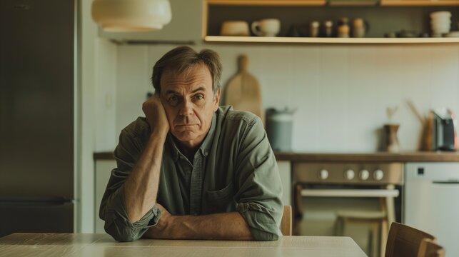 MiddleAged French Man Sitting in Modern Kitchen, Reflective Pose, Interior Design, Lifestyle Photography - Powered by Adobe