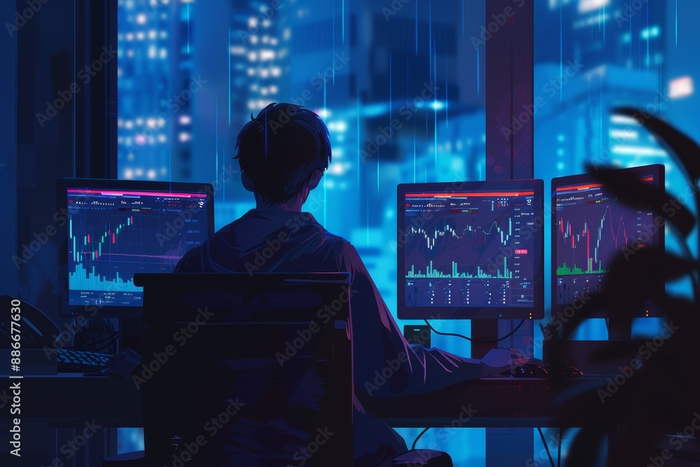 Aufkleber late night cryptocurrency market analysis - trader working with multiple monitors in softly lit room