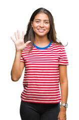 Young beautiful arab woman over isolated background showing and pointing up with fingers number five while smiling confident and happy.