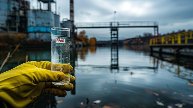PFAS contamination  test tube with river water samples near factory, minimalist style close up, healthy risk pollution