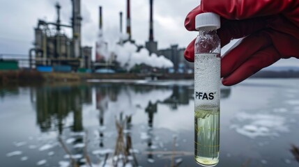 PFAS contamination testing  river water samples in lab test tube near factory chimneys