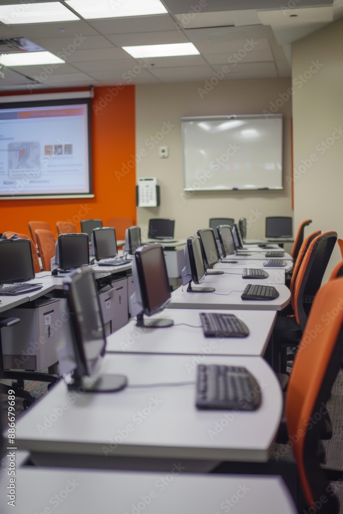 Poster professional training room with instructor guiding employees through interactive learning modules