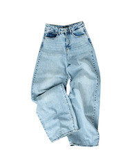 Crumpled wide leg jeans isolated on white. Woman denim trousers, baggy style jeans.