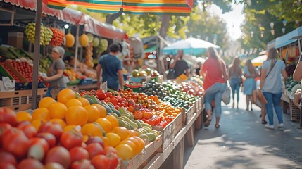 Vibrant Farmer s Market With Colorful Produce Stalls and Sustainable Shoppers