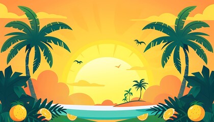 Fototapeta premium Sunset Tropical Paradise Illustration