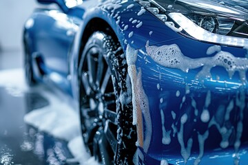 Blue car exterior close-up shows white stripe and round headlights on gray background. Foam soap bubbles cover car surface during eco-friendly cleaning. Car washing concept.