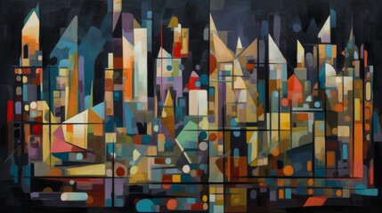 Obraz premium Abstract Urban Skyline with Colorful Geometric Shapes and Reflections