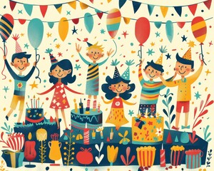 Colorful greeting card for a birthday celebration with playful illustrations, greeting card 