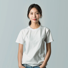 Obraz premium mockup for a black t-shirt with a Asian Korean woman model front and back view. AI generated images