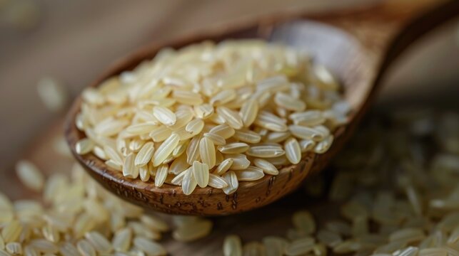 Close up of germinated brown rice in a wooden spoon with copy space