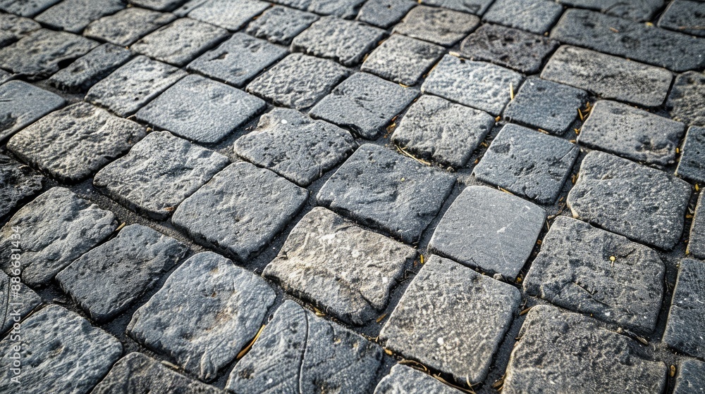 Poster close up shot of gray square and rectangular paving stone tiles on a road surface creating an abstra
