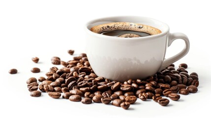 Coffee cup and coffee beans on white background