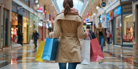 Woman Walking in Shopping Mall with Colorful Bags