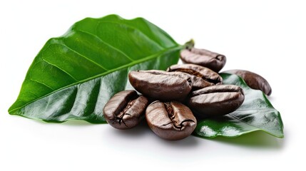 Coffee seed and leaf on white background