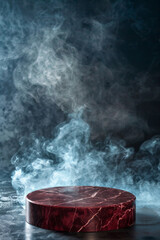 Empty maroon marble table podium in room with deep smoke, evoking a sense of elegance and mystery