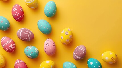 Colorful Easter eggs on yellow background with text space Flat lay banner