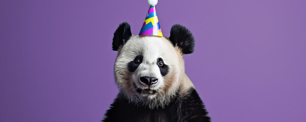Obraz premium A playful panda with a tiny birthday party hat, against a purple background, looking ready for fun.