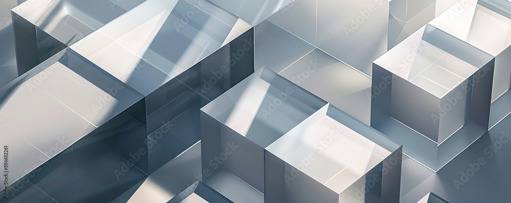 Poster a minimalist geometric pattern with translucent glass cubes, arranged in a diagonal grid on a gray
